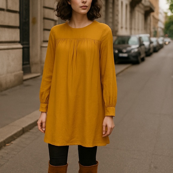 H&M Mustard Orange Long Sleeve Shift Dress Size 4 - Picture 1 of 16